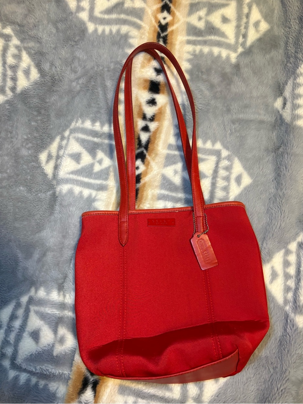 Vintage Coach Red Canvas Tote with Leather Trim